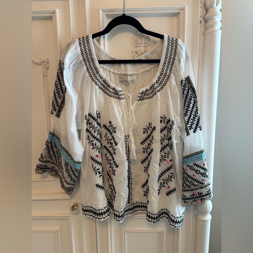 White and Black colorful Embroidered Top